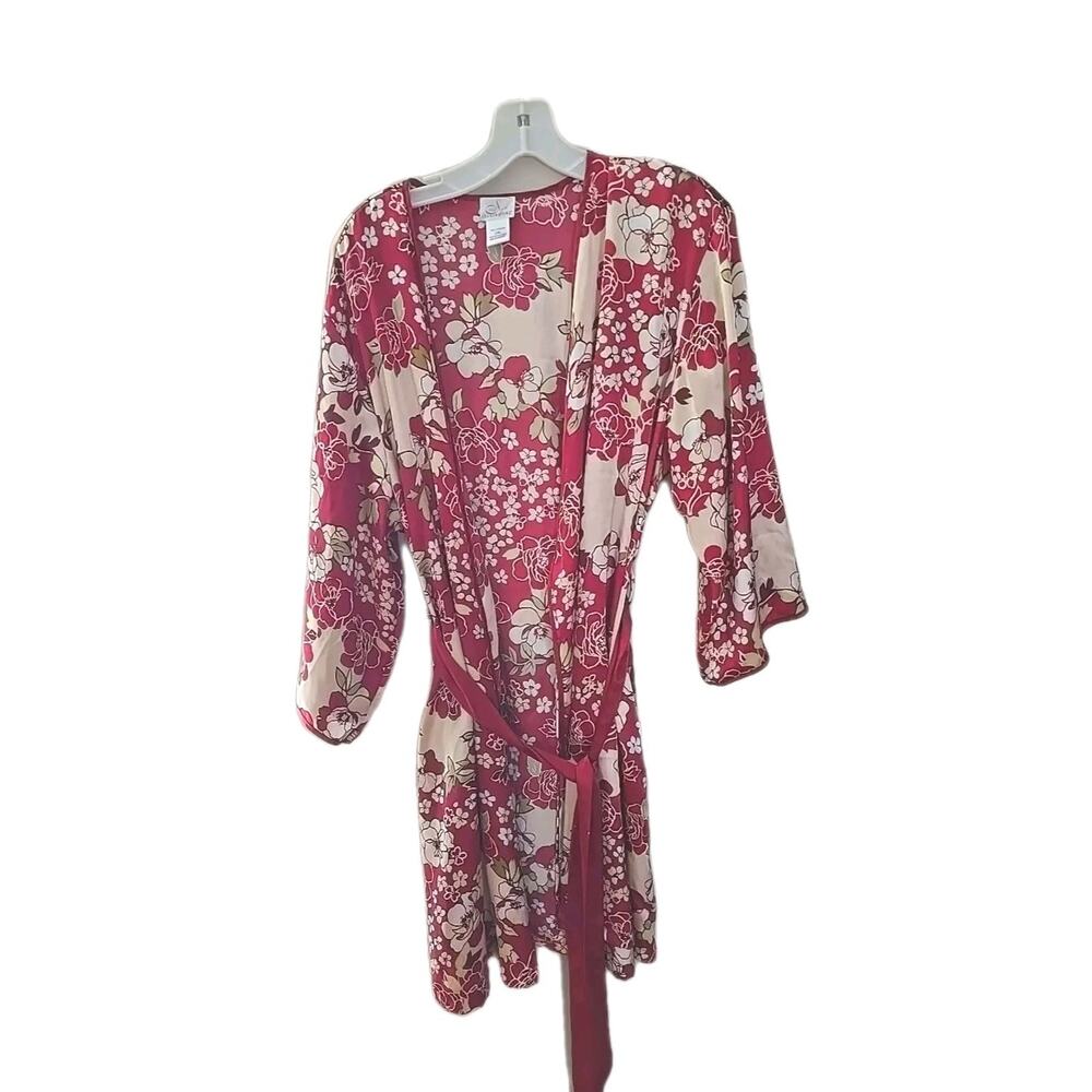 VTG Soft Sensations Red Floral Print Belted Long Sleeve Robe Womans Size L/XL